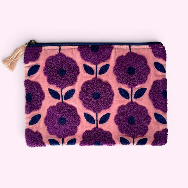 Hayley & Co Embroidered Velvet Make Up Bag | Everyday Pouch | Purple and Blue Pop Flower