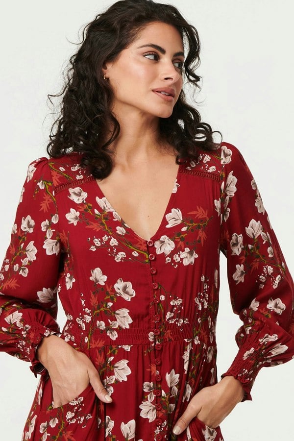 Red | Floral Long Sleeve Lace Trim Maxi Dress