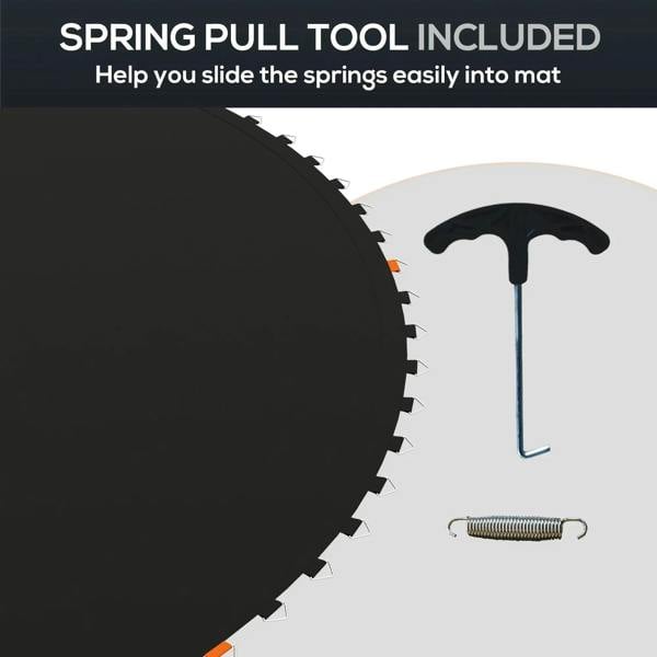 Black trampoline mat with included spring pull tool and extension spring
