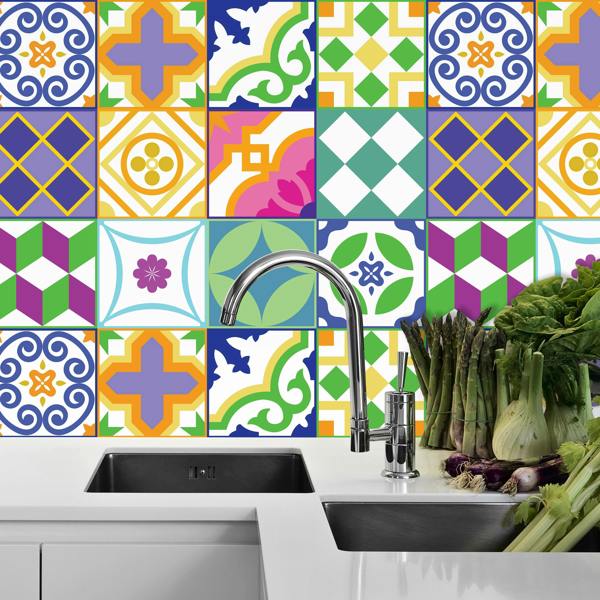 WALPLUS WT1533 - Classic Spanish Colourful Mixed Tiles Wall Stickers Set 1 - 15 x 15 cm (6 x 6 inches) - 24 pcs.