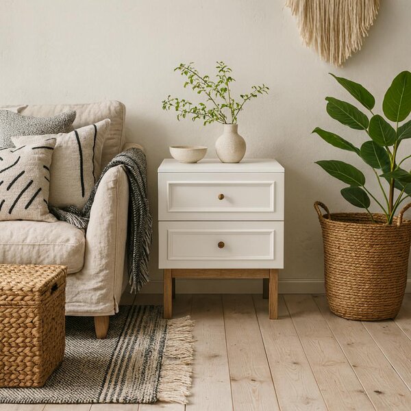 Wyld Haus Thistledown 2 Drawer Bedside Chest Light Grey and Natural Oak Wood