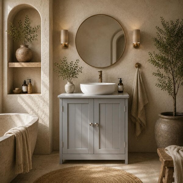 Wyld Haus Seseha Grey Under Sink Vanity Cupboard With Double Doors And Adjustable Shelving For Fauxdestal Or OFauxn Basin