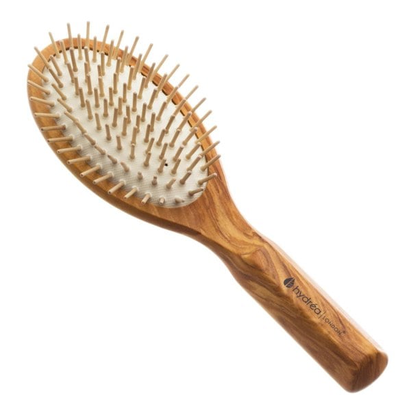 Hydréa London Premium Olive Wood Hair Brush with Wooden Pins & No-Pull Cushion – Detangle & Anti-Static