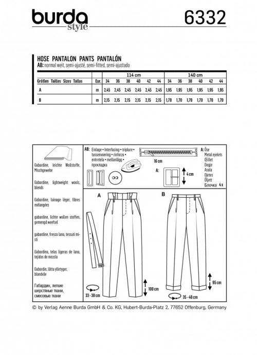 Burda Sewing Pattern 6332 Trousers For Women, 8 to 18 - Intermediate