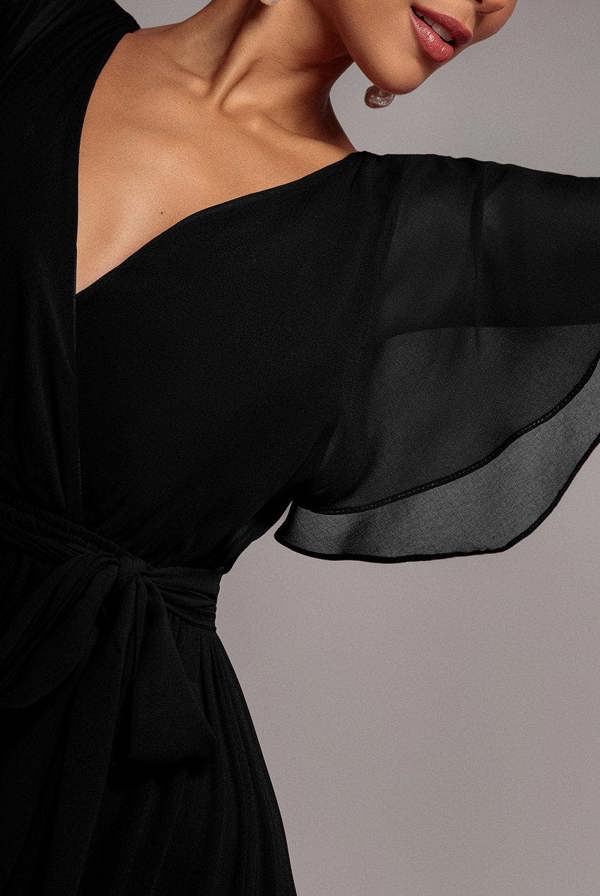 Chiffon Flutter Sleeve Wrap Maxi Dress - Black DR2486D