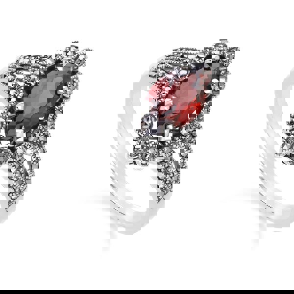 Gemondo Art Deco Style Marquise Garnet & Marcasite Ring in Sterling Silver