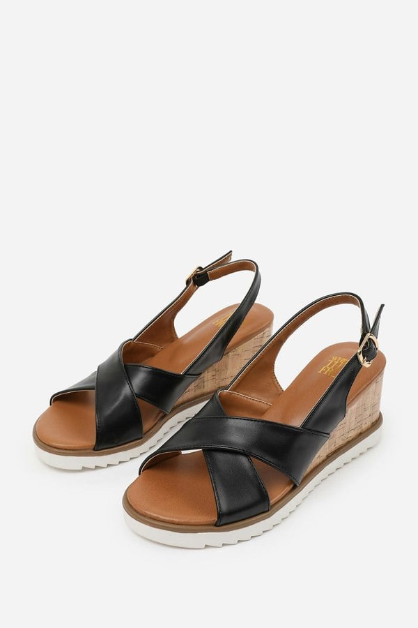 Where's That From Qween Cross Over Strap Detail Wedge Shoes With Buckle Closure in Black Pu