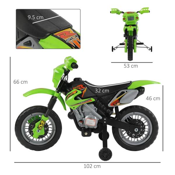 Green kids electric motorcycle scooter with front and side profile, black seat
