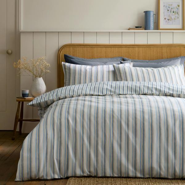 Emily Bond Brushed Cotton Somerset Stripe Reversible Duvet Cover Set Blue
