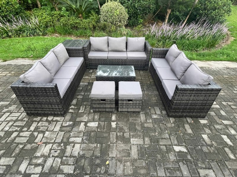 Fimous Outdoor Lounge Sofa Set Wicker PE Rattan Garden Furniture Set with Oblong Coffee Table Side Table 2 Small Footstools Dark Grey Mixed