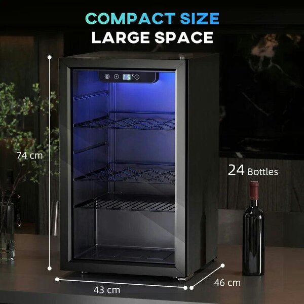 24 Bottle Wine Cooler, 68 Litre Capacity, 4-16°C Freestanding Drinks Wine Fridge with Glass Door, Black