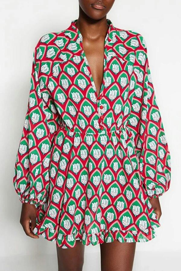 WOVCOR Geometric Print Long Balloon Sleeve V-Neck Mini Dress
