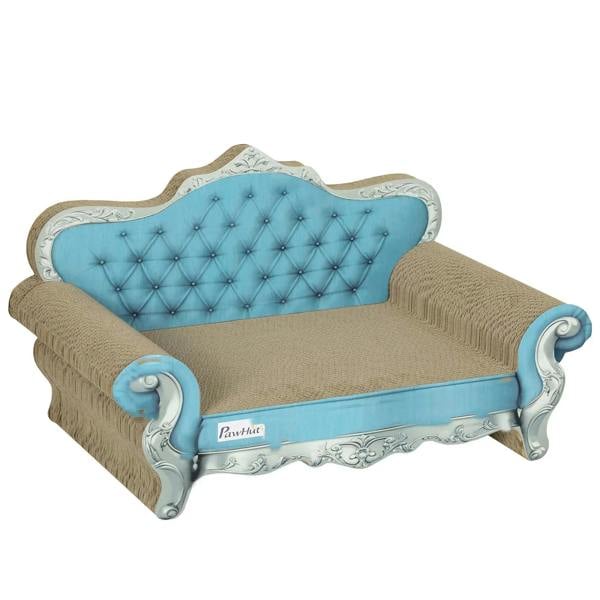 Light blue cat scratcher sofa with beige sisal scratching sides and tufted cushion