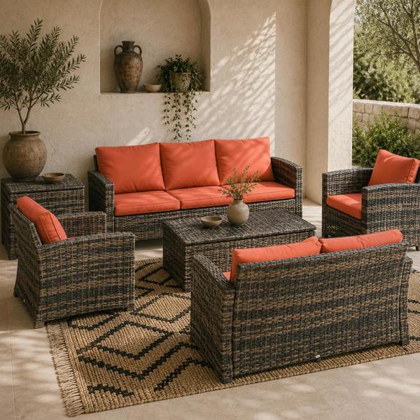 Wyld Haus Toleli Brown Rattan Orange Cushions 7 Seater Outdoor Sofa Set With Storage Tables