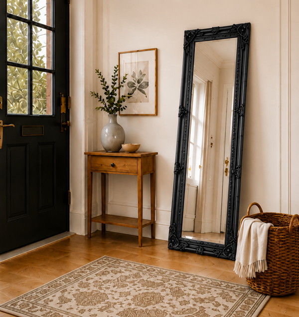 Downton Interiors Antique Style Black Tall Ornate Dressing Wall Mirror with Bevelled Glass 142cm