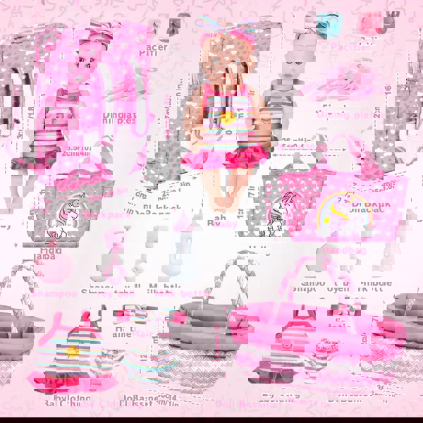 deAO Toys Baby Doll Bassinet Bed Backpack Playset includes a realistic baby doll