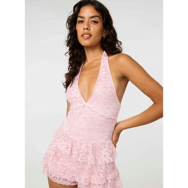 Pink Vanilla Lace Halter Neck Tiered Playsuit