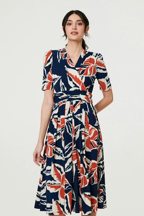 Navy | Floral V-Neck Pleated Midi Wrap Dress
