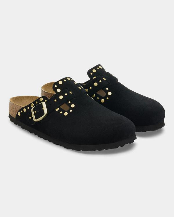 Birkenstock Boston Rivet Suede Leather Womens Clogs - Black | CHO | Designer Womens Clogs