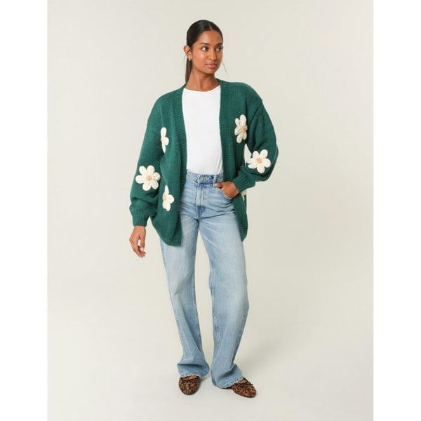Blue Vanilla Daisy Large Flower Cardigan - Dark Green