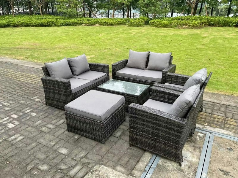Fimous 7 Seater Dark Grey Mixed High Back Rattan Sofa Set Rectangular Coffee Table Garden Furniture Outdoor Patio
