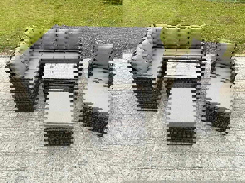 Fimous Rattan Garden Furniture Sets High Back Corner Sofa Oblong Coffee Table Set with 2 Big Footstool Armchair Dark Grey Mixed