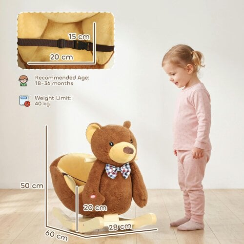 AIYAPLAY Cartoon Bear Wooden Rocking Horse Toy Musical Plush Seat Belt Brown