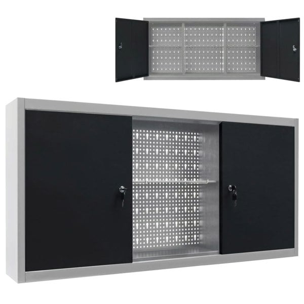 Berkfield Wall Mounted Tool Cabinet Industrial Style Metal Grey and Black