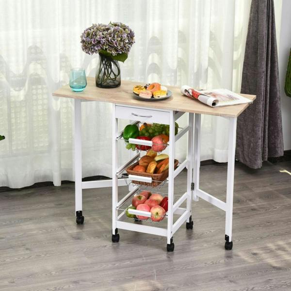 Dyzi Extendable Kitchen Island Trolley Drop Leaf Storage Baskets White
