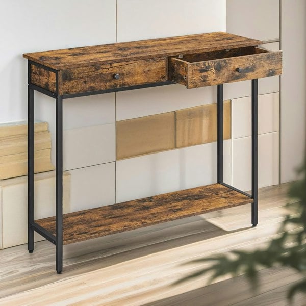 Rafaelo Mobilia 2 Tier Hallway Slim Console Table With 2 Drawers Rustic Brown