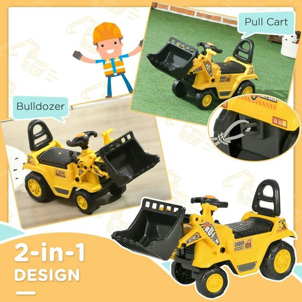 Yellow 2-in-1 ride-on bulldozer toy with black bucket and pull-cart style design