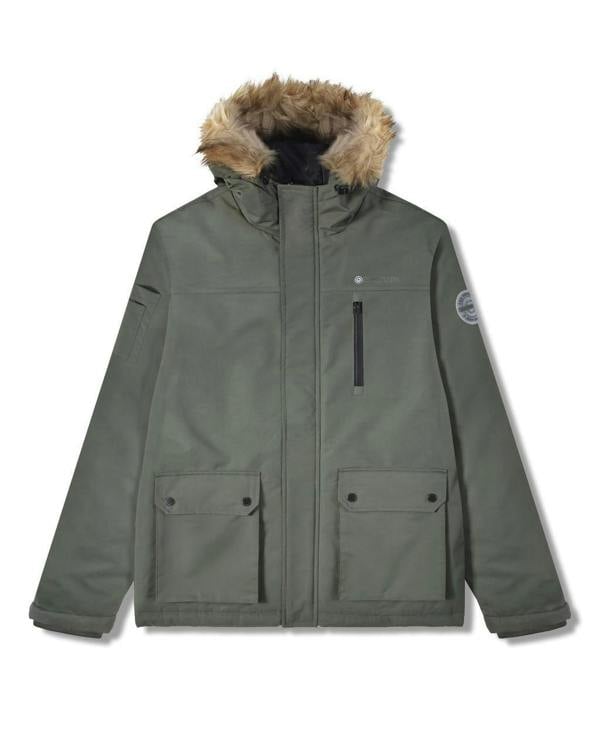 Lambretta Mens Utility Hooded Quilted Classic Badged Parka, olive green winter jacket with a fur-lined hood, multiple pockets, and utility badges.