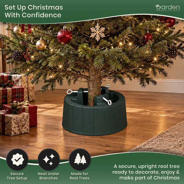 Large Trunk Christmas Tree Stand with Large Water Tank, For Trees up to 2.6m Tall, 3 Screw Clamps for 35–130mm Trunks, 6.2L Capacity, 40cm Diameter