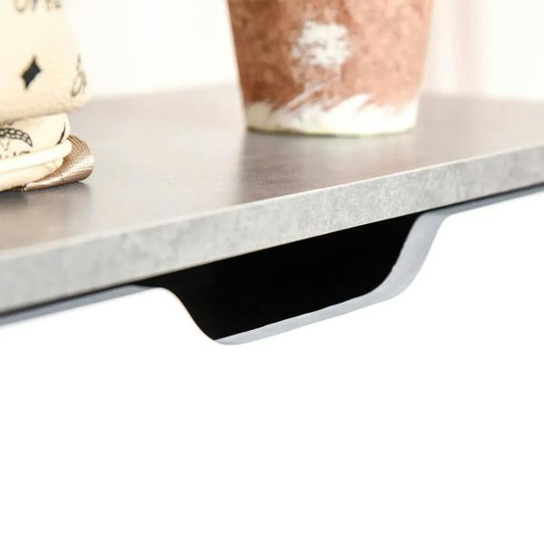 Groove pull handle under top drawer of grey and white shoe cabinet