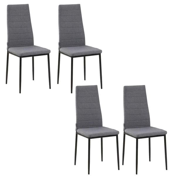 Set of four grey dining chairs with tall backs and black metal legs
