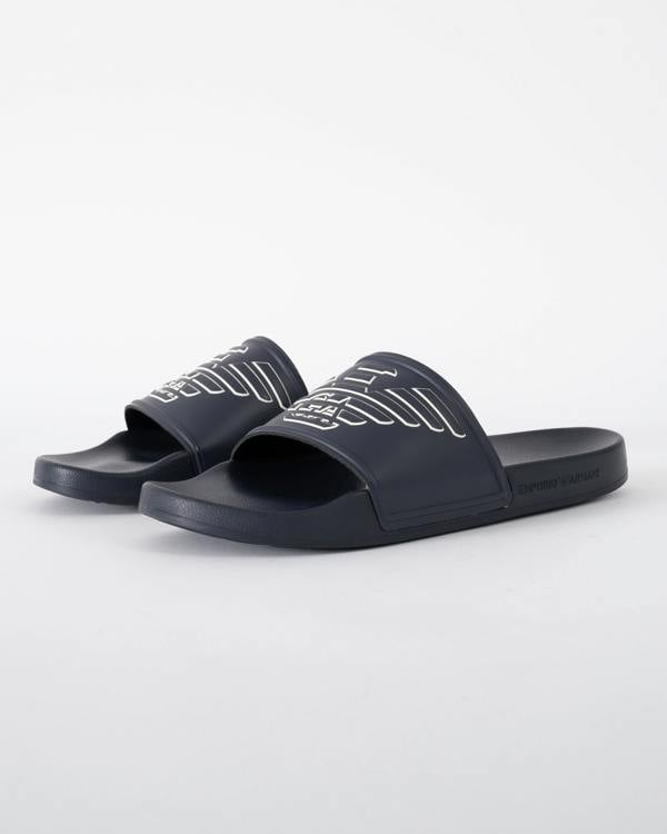 studio shot of Emporio Armani Mens PVC Pool Slides with Eagle Logo in Blue and Whisper White