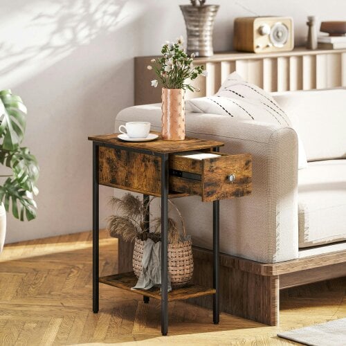 HOMCOM Industrial Slim End Table Nightstand for Small Spaces Rustic Brown - 25 x 39.8 cm - Particleboard, metal - Side table