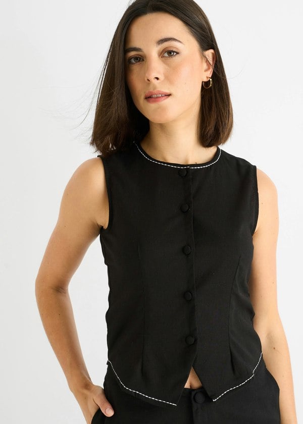 Gini London Black Cotton Contrast Stitch Detail Waist Coat