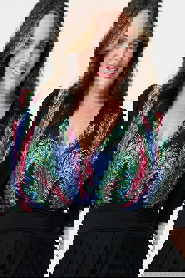 Green | Feather Print Faux Wrap Front Midi Dress