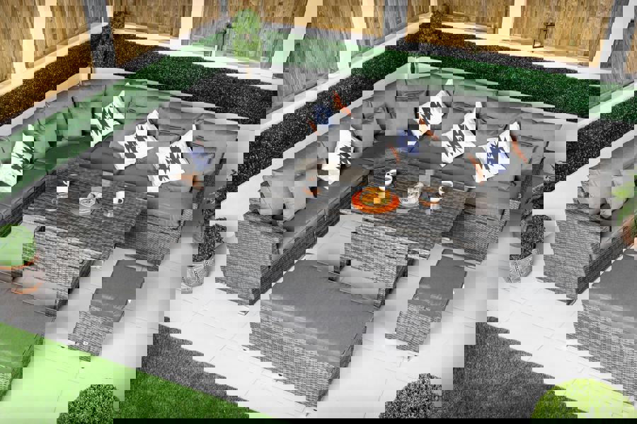 Giardino Santorini 6 Seat Modular Corner Sofa Rattan Garden Furniture Set Outdoor Height Adjustable Coffee Table, Bench and Stool