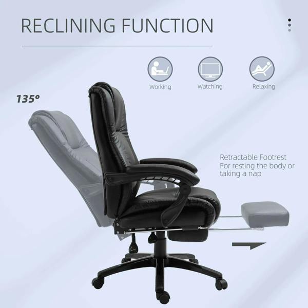Black reclining office chair with retractable footrest and padded armrests