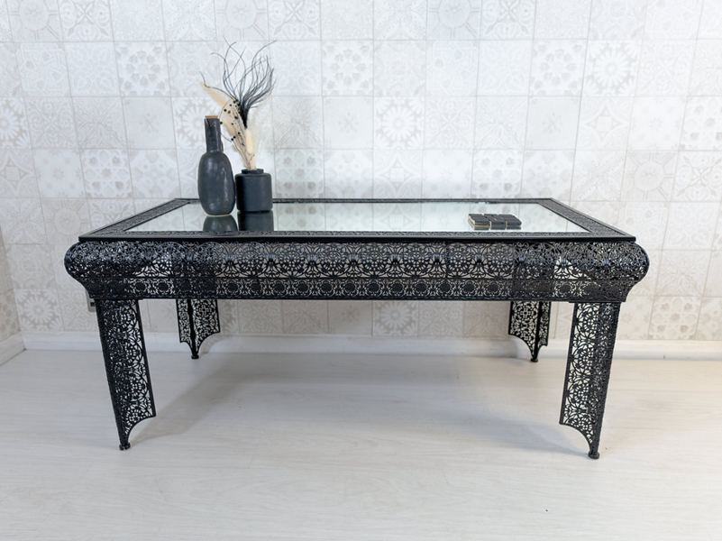 Downton Interiors Black Embossed Metal Mirrored Glass Coffee Table - Agadir Range