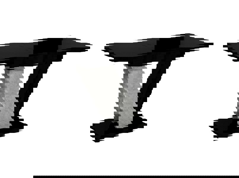 Black glass extendable table with a concrete base on a white background