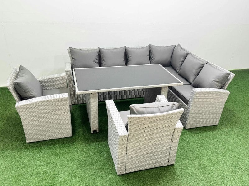 Fimous Outdoor Garden Furniture Sets 8 Seater Wicker Rattan Corner Sofa Sets with Rectangular Dining Table Lounge Sofa 2 Armchair Light Grey