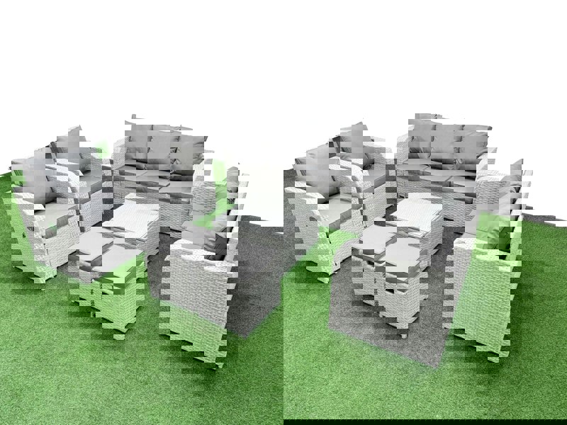 Fimous PE Rattan Garden Furniture Set Adjustable Chair Sofa Double Love Seat 2 Seater Sofa Lounge Set Square Coffee Table 2 Stools Light Grey