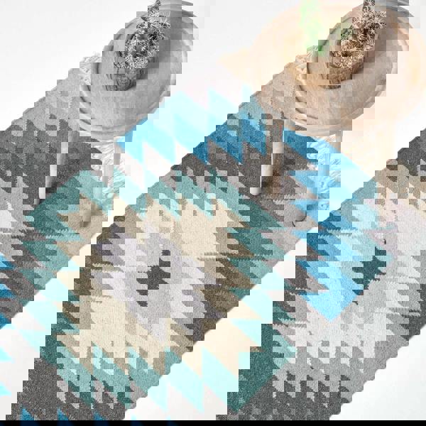 HOMESCAPES Helsinki Handwoven Geometric Blue Grey and Cream Kilim Wool Rug