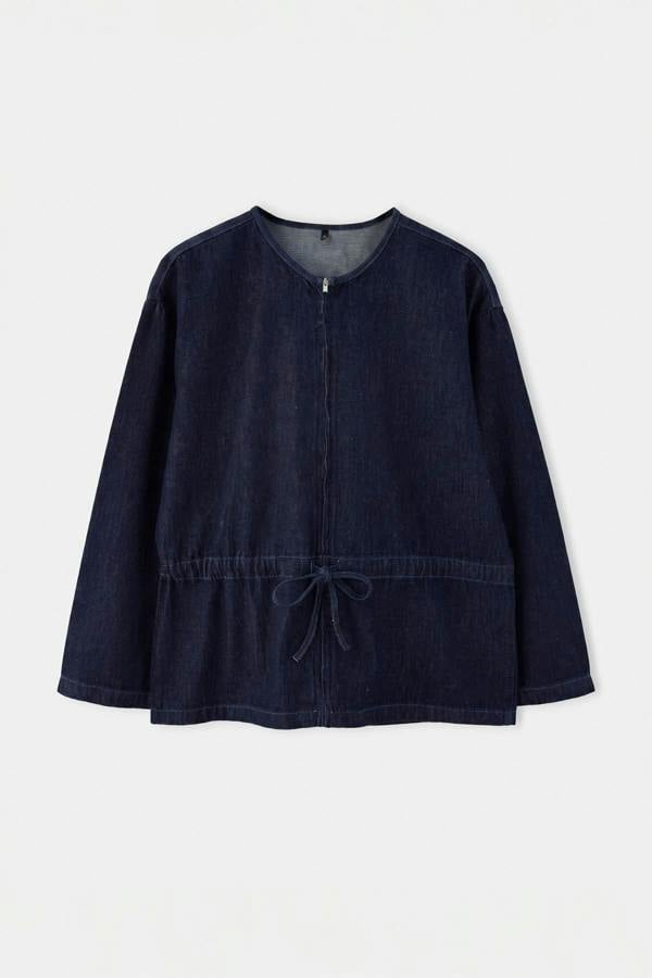Crew Neck Drawstring Waist Denim Jacket