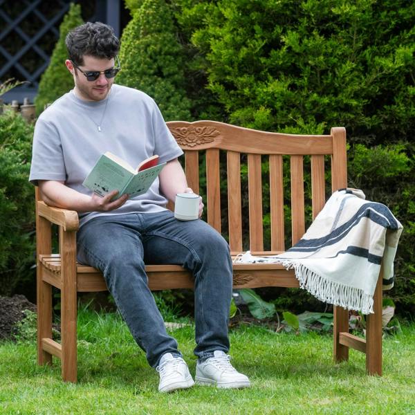 The Garden Marketplace Solid Teak 2 Seater Garden Bench with Flower & Leaf Carvings