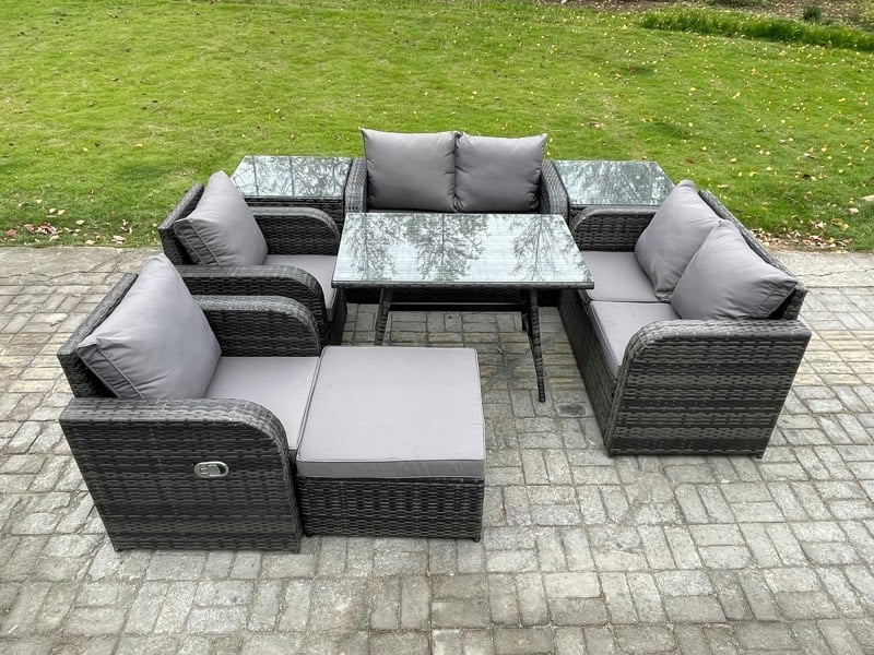 Fimous Wicker PE Rattan Garden Dining Set Outdoor Furniture Sofa with Rectangular Dining Table 2 Side Tables Big Footstool Dark Grey Mixed