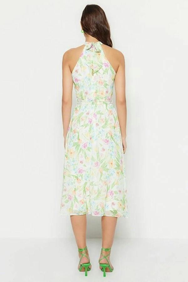 WOVCOR Floral Patterned Belted A-Line Halter Neck Lined Chiffon Midi Dress